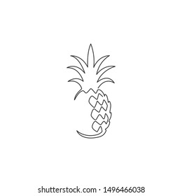 One continuous line drawing whole healthy organic pineapple for orchard logo identity. Fresh summer fruitage concept for fruit garden icon. Modern single line draw design vector graphic illustration