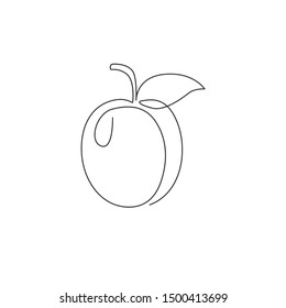 One continuous line drawing of whole healthy organic apricot for orchard logo identity. Fresh fruitage concept for fruit garden icon. Modern single line draw design graphic vector illustration