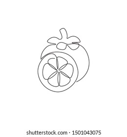 One continuous line drawing of whole and half cut healthy organic mangosteen for orchard logo identity. Fresh fruitage concept for fruit garden icon. Modern single line draw design vector illustration