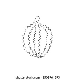 One continuous line drawing whole healthy organic durian for orchard logo identity. Fresh exotic thai fruitage concept for fruit garden icon. Modern single line draw design graphic vector illustration