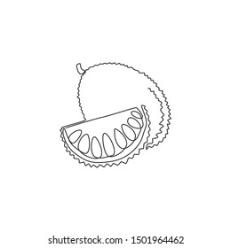 One continuous line drawing whole healthy organic jackfruit for orchard logo identity. Fresh exotic fruitage concept for fruit garden icon. Modern single line draw design vector graphic illustration