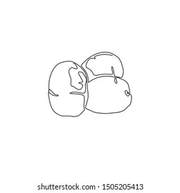 One continuous line drawing whole healthy organic potatoes for farm logo identity. Fresh spud root vegetable concept for edible plant icon. Modern single line draw design graphic vector illustration