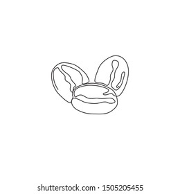 One continuous line drawing whole healthy organic coffee bean for restaurant logo identity. Fresh aromatic seed concept for coffee shop icon. Modern single line draw design graphic vector illustration