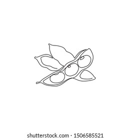 One continuous line drawing of whole healthy organic green edamame for farm logo identity. Fresh Japanese pea concept for vegetable icon. Modern single line draw design graphic vector illustration