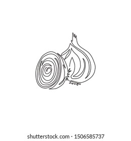 One continuous line drawing of whole sliced healthy organic onion for herbal logo identity. Fresh cultivated seasoning concept for vegetable icon. Modern single line draw design vector illustration