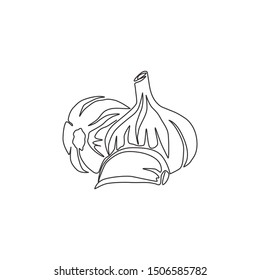 One continuous line drawing of whole healthy organic garlic for plantation logo identity. Fresh cuisine seasoning concept for vegetable icon. Modern single line draw design vector graphic illustration