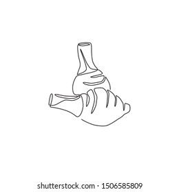 One continuous line drawing of whole healthy organic taro for farm logo identity. Fresh tropical plant edible corm concept for root vegetable icon. Modern single line draw design vector illustration