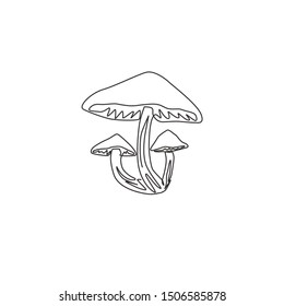 One continuous line drawing of whole healthy organic mushrooms for farm logo identity. Fresh toadstool concept for vegetable icon. Modern single line draw graphic design vector illustration