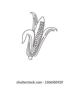 One continuous line drawing of whole healthy organic corn crop for farm logo identity. Fresh maize concept for starchy vegetable icon. Modern single line graphic draw design vector illustration