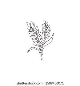 One continuous line drawing of whole healthy organic wheat grain for farm logo identity. Fresh staple food concept for breakfast cereal icon. Modern single line draw design graphic vector illustration