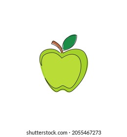 One continuous line drawing whole healthy organic apple for orchard logo identity. Fresh nutritious fruitage concept for fruit garden icon. Modern single line draw design graphic vector illustration