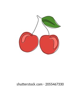 Un dibujo de línea continua de cerezas orgánicas enteras para la identidad del logotipo de huerto. Concepto de fruta fresca para un icono de jardín de frutas. Ilustración gráfica de diseño de dibujo de línea única moderna