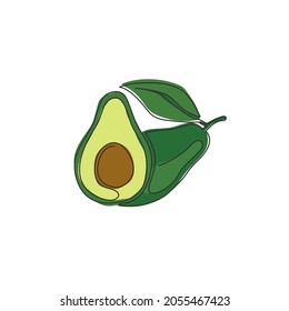One continuous line drawing of whole healthy organic avocado fruit for orchard logo identity. Fresh tropical fruitage concept for fruit garden icon. Modern single line draw design vector illustration