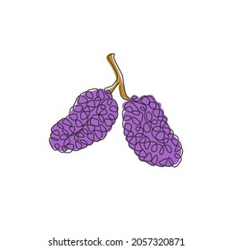 One continuous line drawing whole healthy organic mulberries for orchard logo identity. Fresh berries fruitage concept for fruit garden icon. Modern single line draw graphic design vector illustration