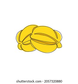 One continuous line drawing of whole healthy organic starfruits for orchard logo identity. Fresh star fruit concept for garden icon. Modern single line draw design graphic vector illustration