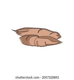 One continuous line drawing whole healthy organic cassava for farm logo identity. Edible starchy tuberous root concept tropical crop icon. Modern single line draw design graphic vector illustration
