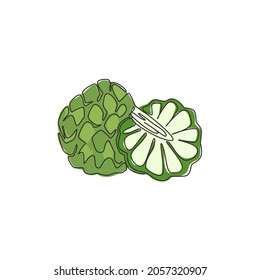 One continuous line drawing of whole and half sliced healthy organic fruit sugar for orchard logo identity. Fresh fruitage concept for garden icon. Modern single line draw design vector illustration