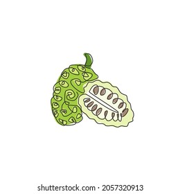 Un dibujo de línea continua de uni orgánico sano y medio cortado para la identidad del logo. Nuevo concepto de morinda citrifolia para ícono de jardín de frutas. Ilustración vectorial de diseño de trazos de línea única moderna