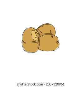 One continuous line drawing whole healthy organic potatoes for farm logo identity. Fresh spud root vegetable concept for edible plant icon. Modern single line draw design graphic vector illustration