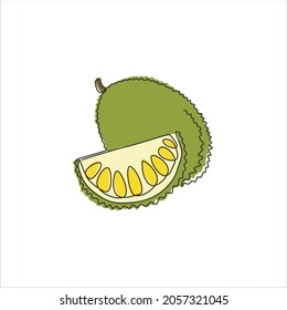 One continuous line drawing whole healthy organic jackfruit for orchard logo identity. Fresh exotic fruitage concept for fruit garden icon. Modern single line draw design vector graphic illustration