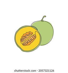 One continuous line drawing of whole and half sliced healthy organic melon for orchard logo identity. Fresh fruitage concept for fruit garden icon. Modern single line draw design vector illustration