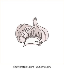 Un dibujo de línea continua de ajo orgánico sano entero para la identidad del logo de la plantación. Cocina fresca, concepto de condimento para ícono de verduras. Ilustración gráfica vectorial de diseño de trazos de línea única moderna