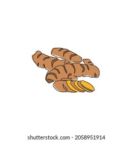 One continuous line drawing of whole healthy organic turmeric for farm logo identity. Fresh curcuma concept for vegetable icon. Modern single line draw design graphic vector illustration