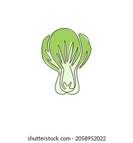 One continuous line drawing of whole healthy organic green bok choy for farm logo identity. Fresh Chinese pakchoy leaves concept for vegetable icon. Modern single line draw design vector illustration