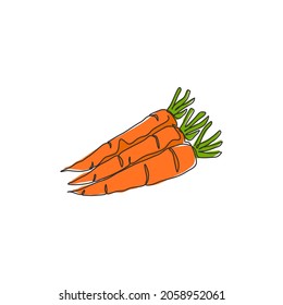 Eine durchgehende Linie, die ganze gesunde Bio-Karotten-Gruppe für die Identität des landwirtschaftlichen Logos zeichnet. Frische zweijährige Pflanzenkonzeption für Wurzelpflanzensymbol. Modernes, einzeiliges Zeichendesign, Vektorgrafik