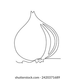 One continuous line drawing of whole healthy organic onion for herbal logo identity. Fresh cultivated seasoning concept for vegetable icon. Modern single line hand drawn style design illustration