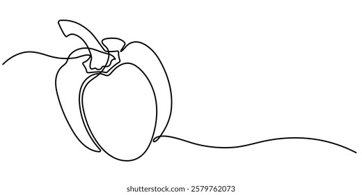 One continuous line drawing whole paprika. Fresh bell pepper concept, Capsicum continuous one line drawing, Continuous one line drawing of Sweet pepper bell pepper line art vector sketch illustration.