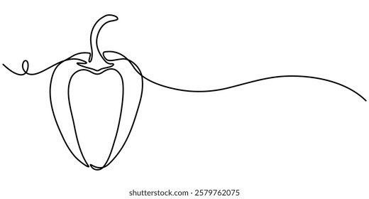 One continuous line drawing whole paprika. Fresh bell pepper concept, Capsicum continuous one line drawing, Continuous one line drawing of Sweet pepper bell pepper line art vector sketch illustration.