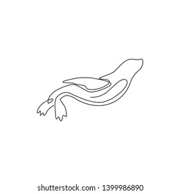 One continuous line drawing of wild sea lion for marine company logo identity. Cute ocean mammal animal mascot concept for environment organization. Trendy single line vector draw design illustration