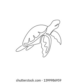 One continuous line drawing of wild sea turtle for water aquatic park logo identity. Cute ocean reptile animal mascot concept for environment organization. Single line draw vector design illustration