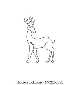 One continuous line drawing of wild reindeer for national park logo identity. Elegant buck mammal animal mascot concept for nature conservation. Single line vector graphic draw design illustration