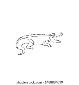 One continuous line drawing wild crocodile and mouth opened for logo identity  Scary animal alligator concept for national park icon  Trendy single line draw design graphic vector illustration