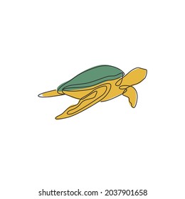 One continuous line drawing of wild sea turtle for water aquatic park logo identity. Cute ocean reptile animal mascot concept for environment organization. Single line draw vector design illustration