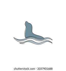One continuous line drawing of wild sea lion for marine company logo identity. Cute ocean mammal animal mascot concept for environment organization. Modern single line draw design vector illustration