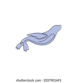 One continuous line drawing of wild sea lion for marine company logo identity. Cute ocean mammal animal mascot concept for environment organization. Trendy single line vector draw design illustration