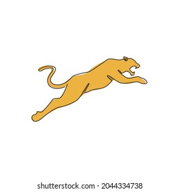 Un dibujo de línea continua de leopardo salvaje para la identidad del logo de la compañía multinacional. Fuerte concepto de mascota animal de mamíferos chita para el zoológico nacional de safari. Ilustración de diseño de vector de tracción de línea única