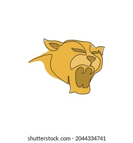 One continuous line drawing of wild leopard head for multinational company logo identity. Strong panther mammal animal mascot concept for national safari zoo. Single line draw design illustration