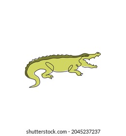 One continuous line drawing of wild crocodile with mouth opened for logo identity. Scary animal alligator concept for national park icon. Trendy single line draw design graphic vector illustration