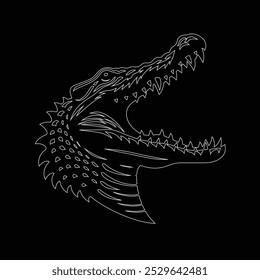 One continuous line drawing of wild crocodile with mouth opened for logo identity, Alligator icon or modern line symbol. Vector line art and icon design with bold outline