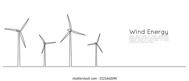 One continuous line drawing of Wind farm turbines and windmill. Green energy and renewable source of power concept in simple linear style. Editable stroke. Outline Vector illustration