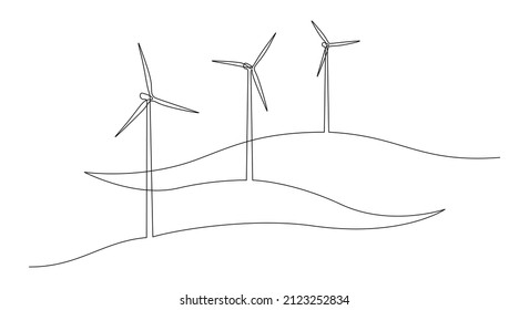 One continuous line drawing of Wind turbines and windmill among hilly landscape. Green energy and renewable source of power concept in simple linear style. Editable stroke. Doodle vector illustration