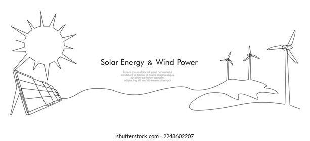 Un plano de línea continua de turbinas eólicas y paneles solares . Fuentes de energía alternativas (viento, sol), boceto dibujado a mano.