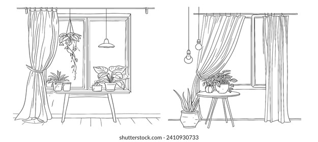 One continuous line drawing of window with curtains and table with home plant. Outline of isolated on white background. Monochrome vector illustration.