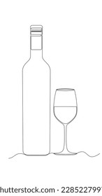 Una línea continua de la botella de vino y de la copa de vino en un bosquejo de silueta sobre fondo blanco. Estilo lineal simple. Ilustración del vector Doodle