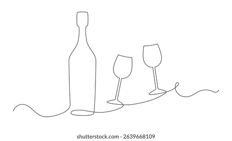 one continuous line drawing of wine bottle and couple wine glasses