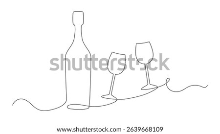 one continuous line drawing of wine bottle and couple wine glasses